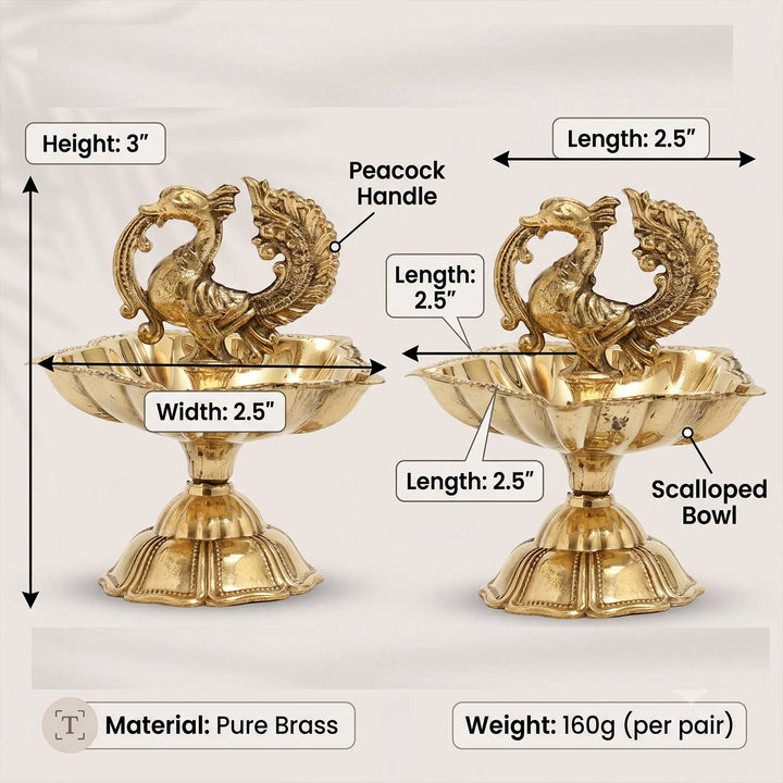 2 pc | Peacock Brass Oil Lamp With Stand For Festive Decor