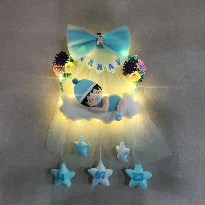 Personalized Cloud Theme Felt Kids Name Plate With Light For Boys