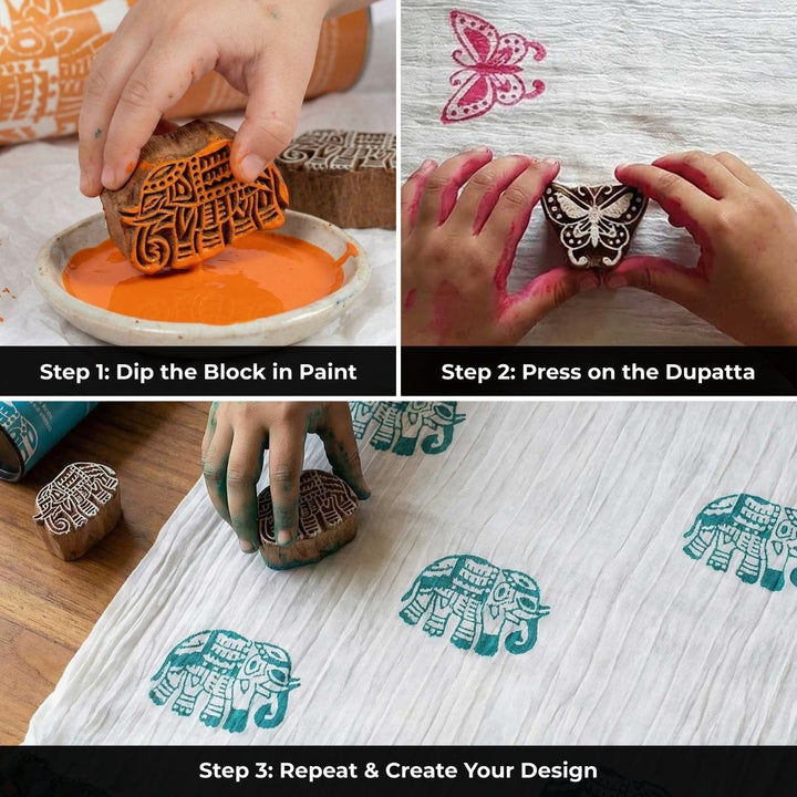 Pink Butterfly Dupatta Block Print DIY Kit | Includes 1 White cotton dupatta, 1 Fabric paint, 1 Wooden block And 1 Sponge