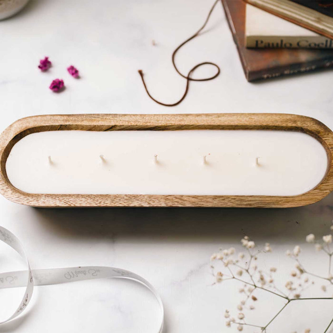 12 Inch | Handmade Wooden Boat Shaped Wax Scented Candle With Dry Flowers
