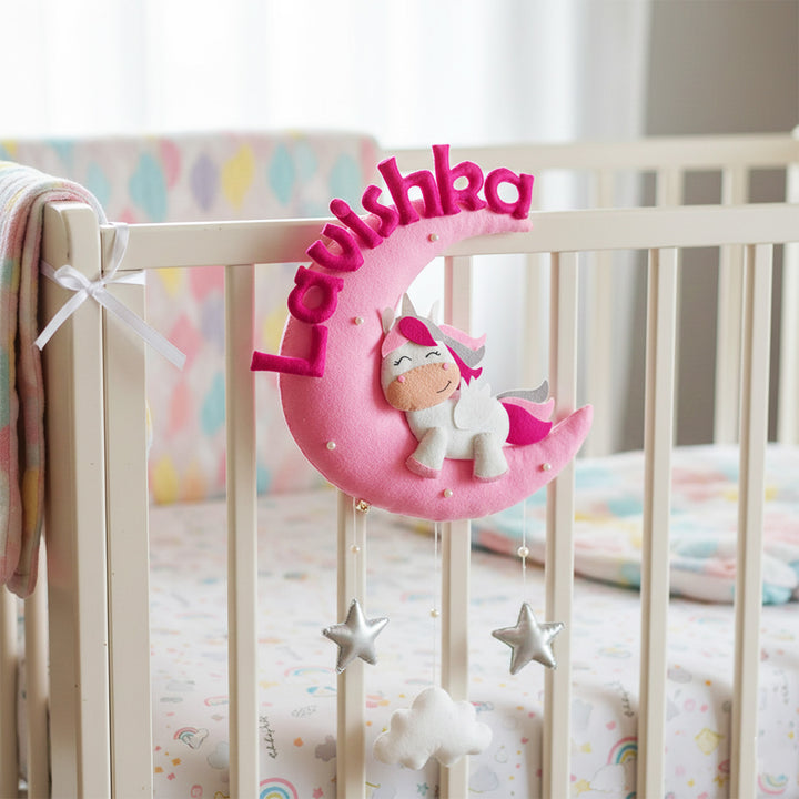 Hand-stitched Cute Unicorn Themed Moon Felt Nameplate