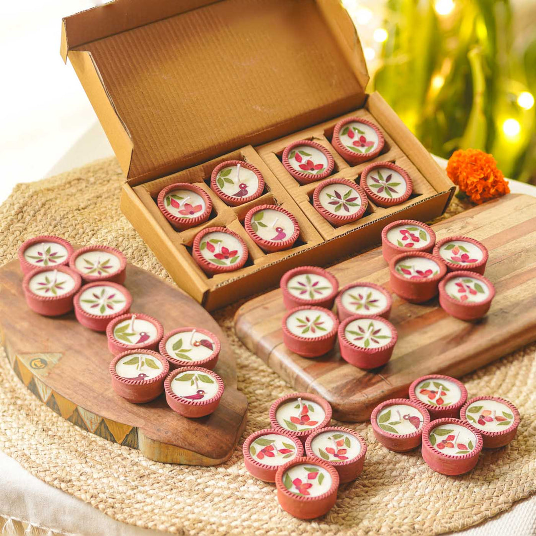 32 Diyas | Handmade Soy Wax & Dry Flower Festive Diyas | 4 Boxes, 8 Diyas per Box