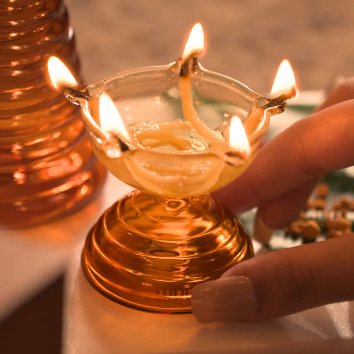 Handmade Amber Small Borosilicate Glass Oil Lamp / Diya | 2.2 inch