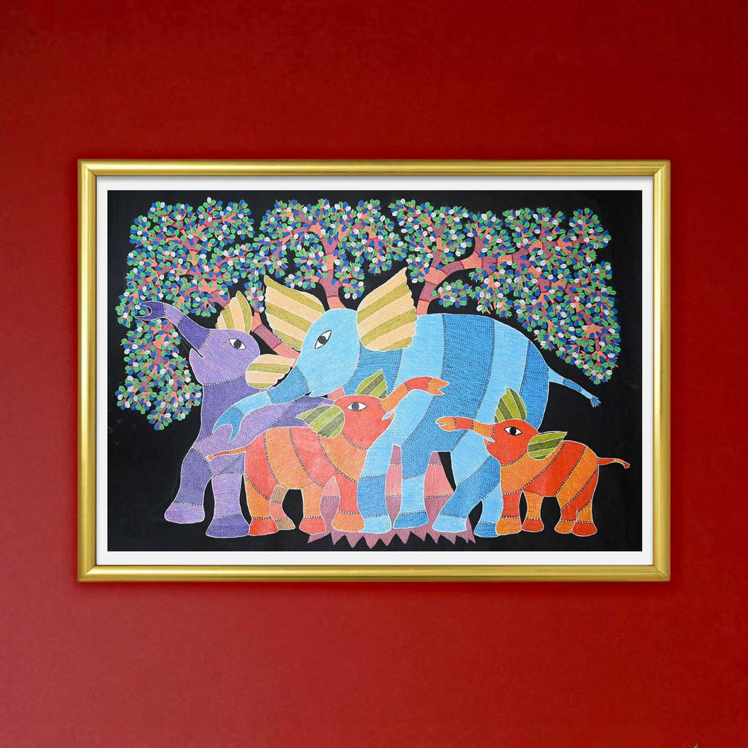 15 x 22 Inch | Family of Elephants | Original Hand Painted Tribal Gond Art Painting | Acrylic Paints On Canvas
