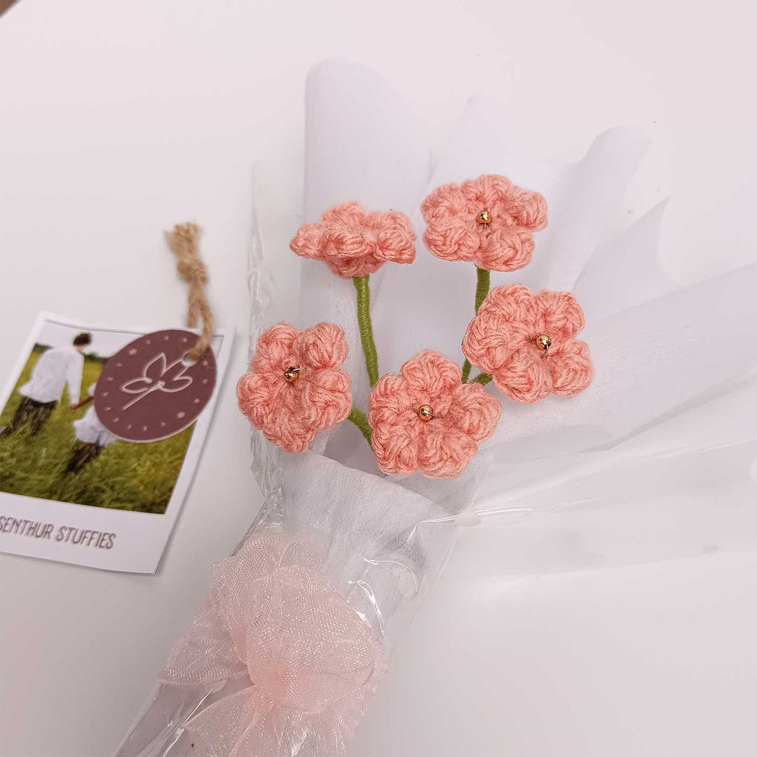 Handmade Crochet Peach Blossom Mini Flower Bouquet | Includes Photo & Greeting Card