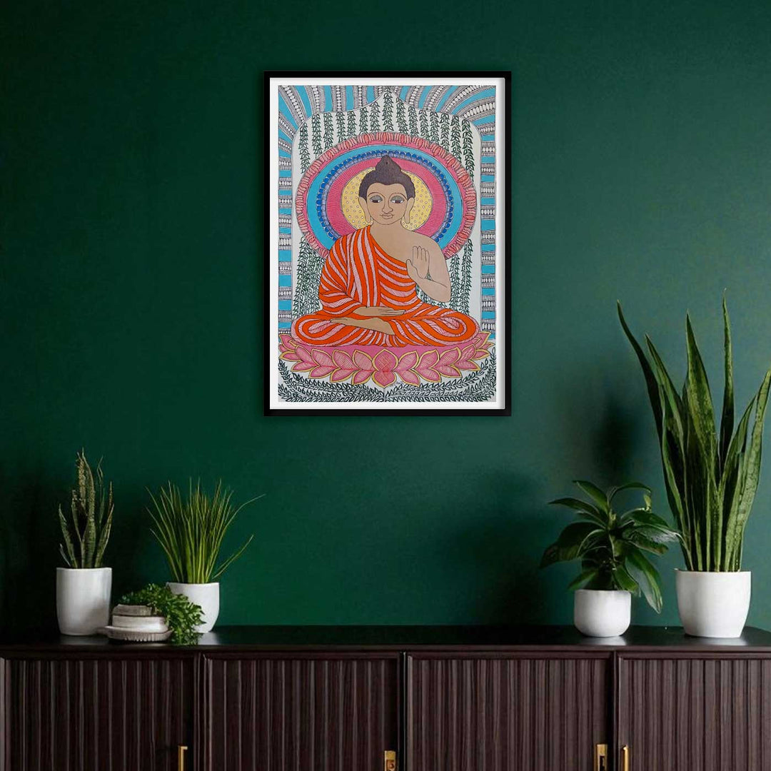 24 x 16 Inch | Buddha | Original Hand Painted Madhubani Painting | Acrylic Paints On Paper