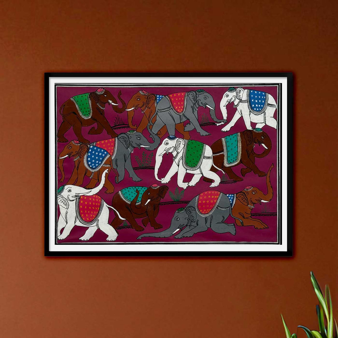 16 X 12 Inch | Handmade Silk Elephant Herd Painting