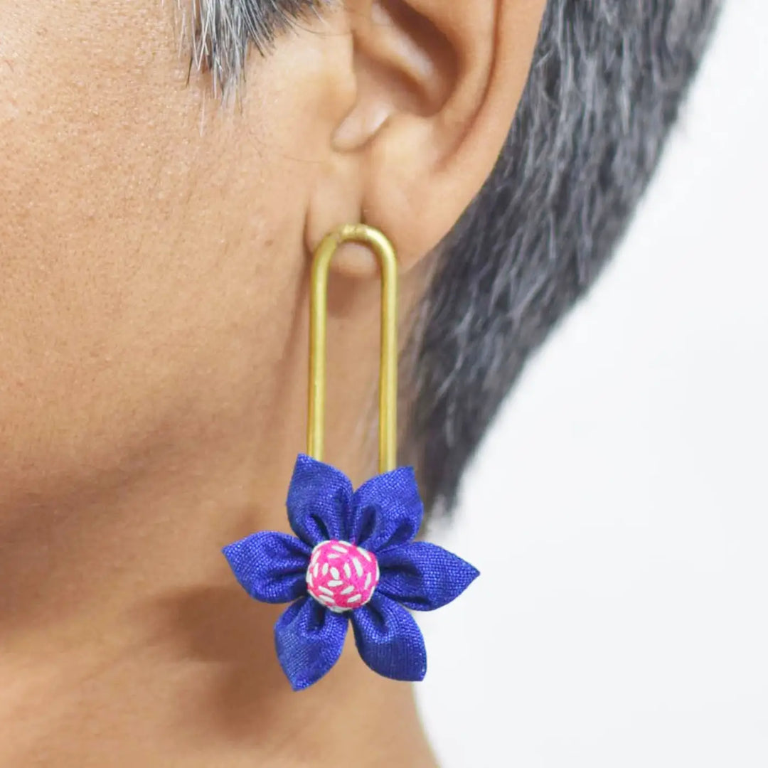 Handmade Textile Art Hanging Flower Design Dupion Silk Fabric Earrings