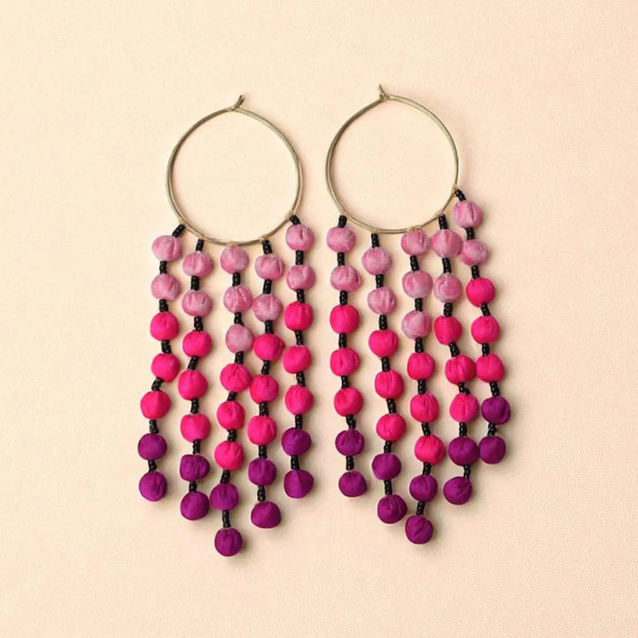 Handmade Textile Art Hoop Hanging Round Tassels Dupion Silk Fabric Earrings