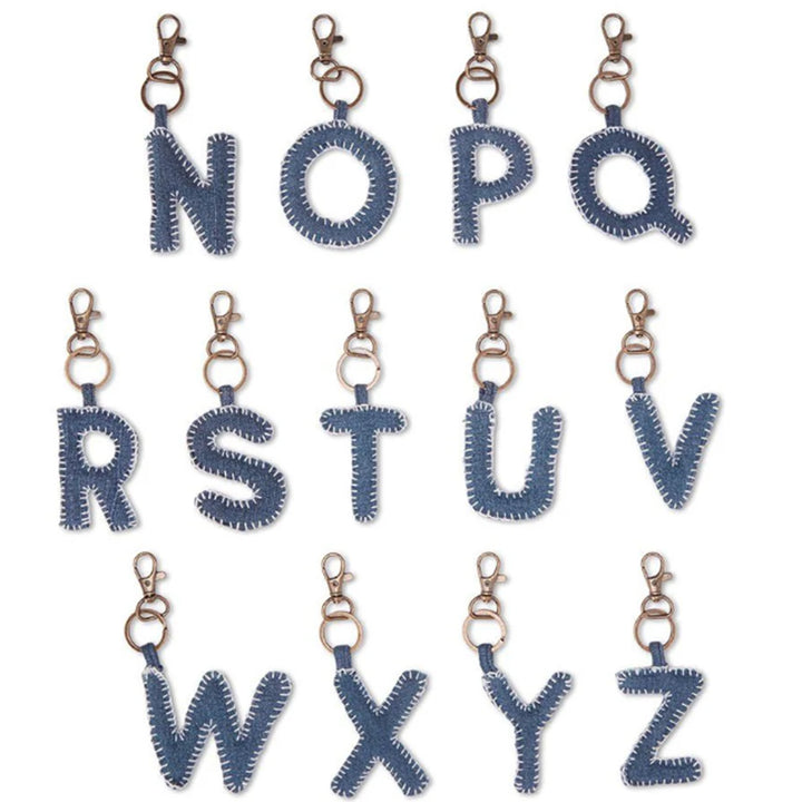 Hand Embroidered Upcycled Jeans Fabric Alphabet Charm Antique Finish Keychain