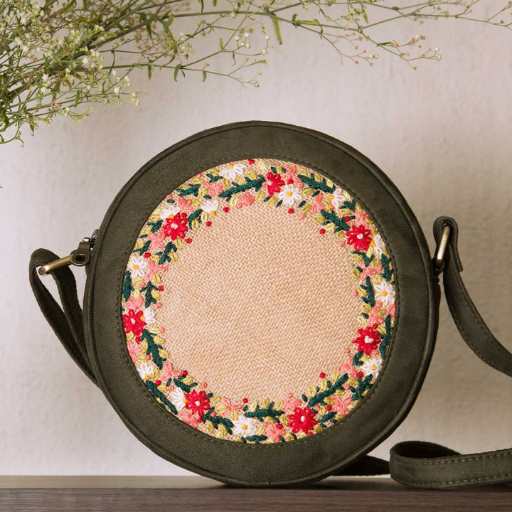 Personalized Embroidered Olive & Jute Floral Round Sling Bag