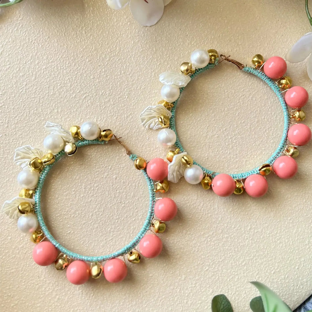 Hand Embroidered Beaded Ghungroo Thread Wrapped Hoop Cotton Earrings