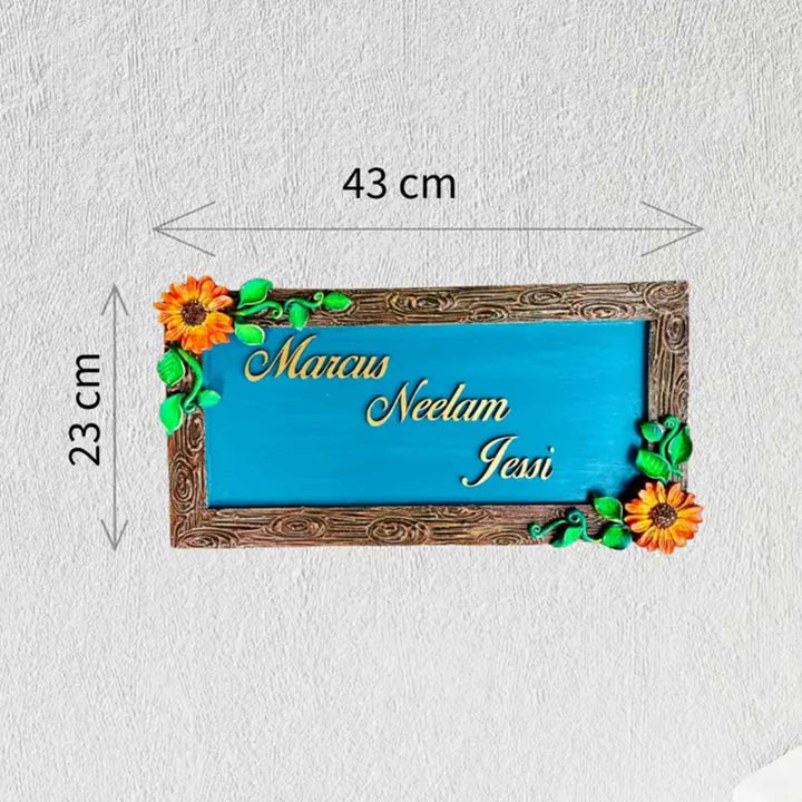 "Blossom on Wood" Personalized Blue Wooden Name Plate With Flower Motif For Home