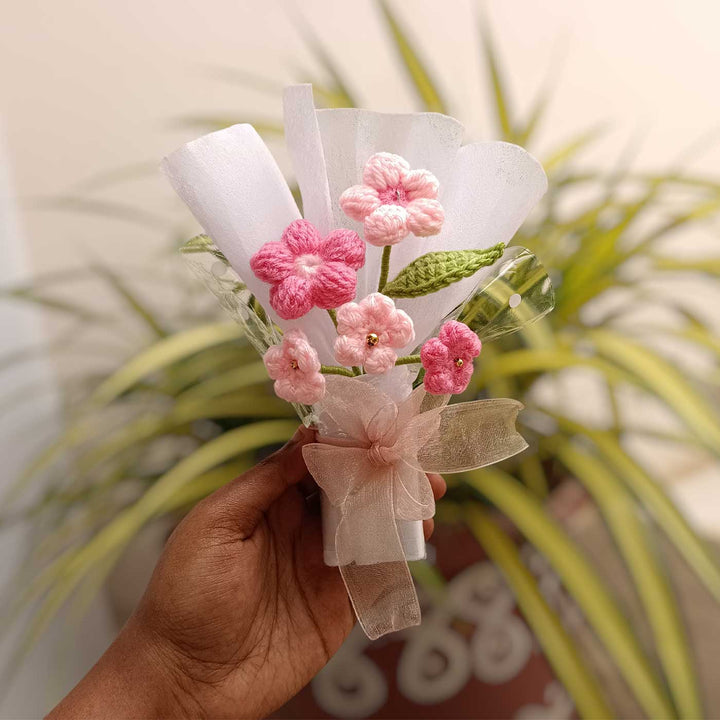 Handmade Crochet Classic Pink Blossom Mini Flower Bouquet | Includes Photo & Greeting Card