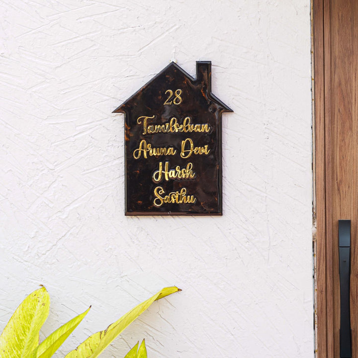 Handmade Resin Black & Gold House Shaped Marbled Name Plate