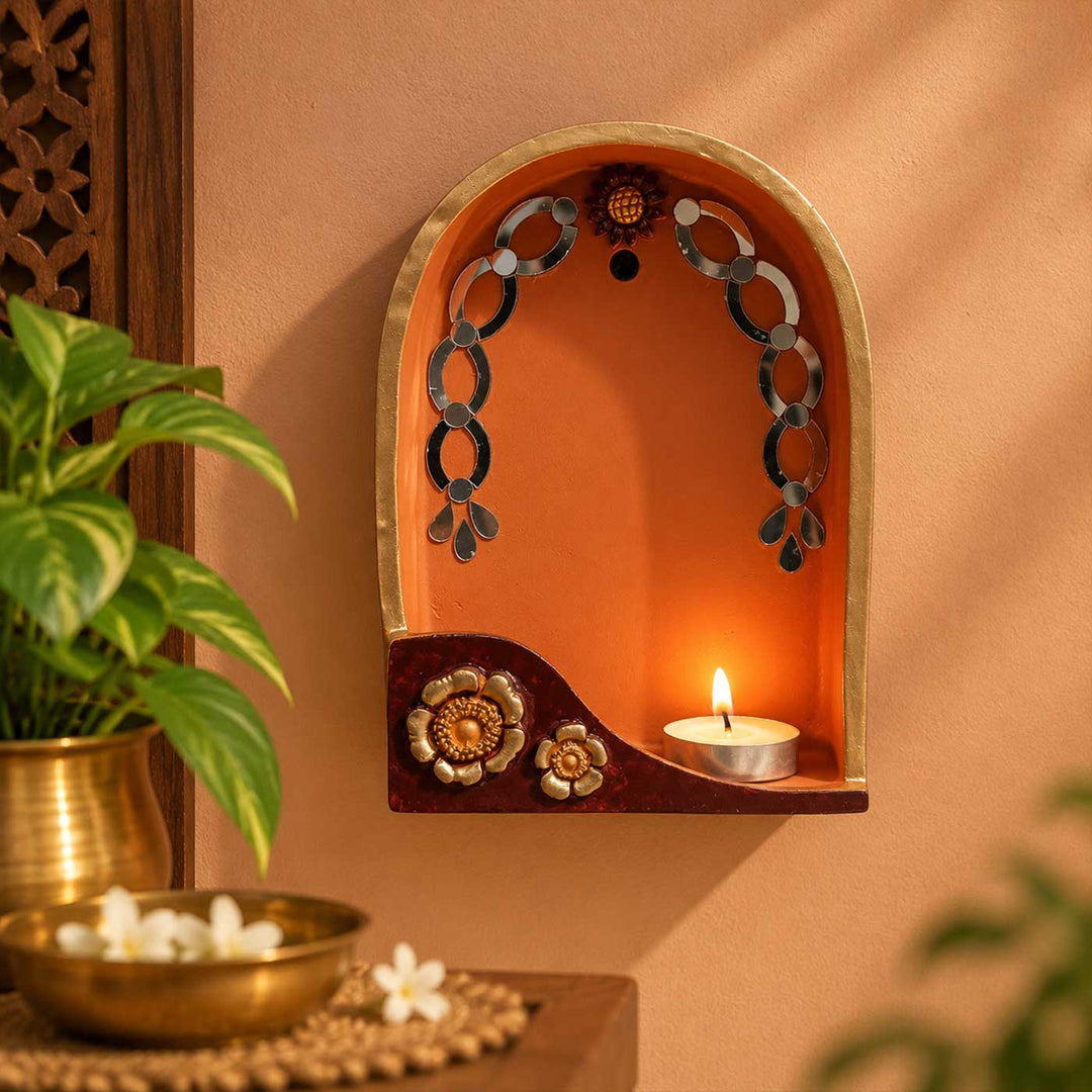 Hand-Painted "MittiBloom" Arch Floral Terracotta Wall Decor Tealight Holder With Mirror Work For Festive Decor