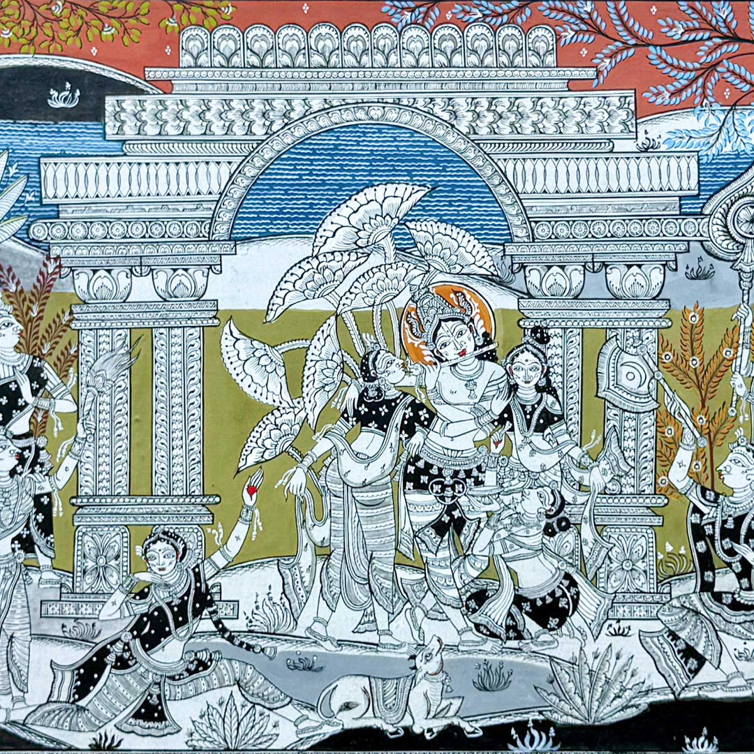 44 x 20 Inch | Handmade Canvas Krishna Rasleela Painting