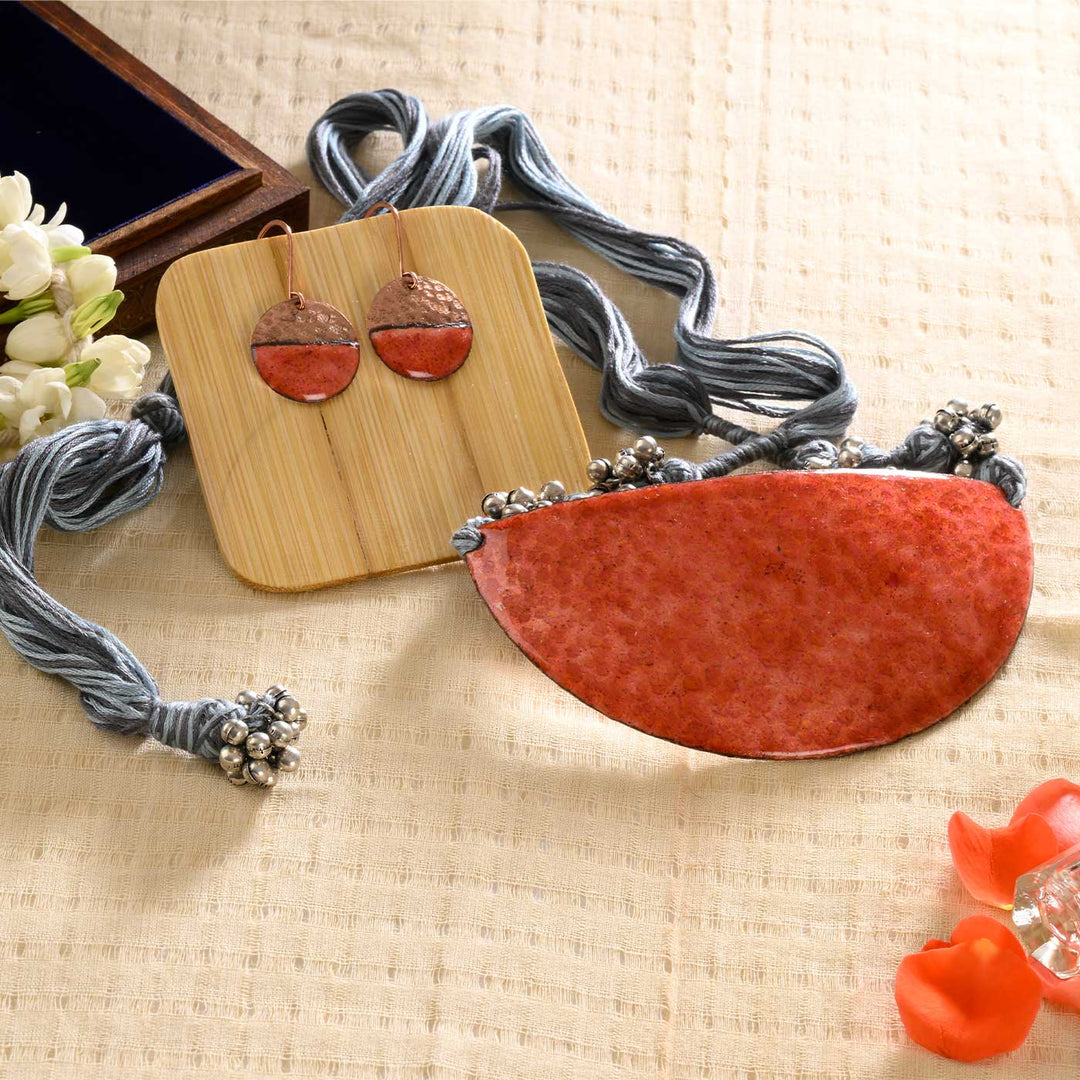 Handmade Half Moon Shaped Ghungroo Copper Enamel Pendant With Earrings
