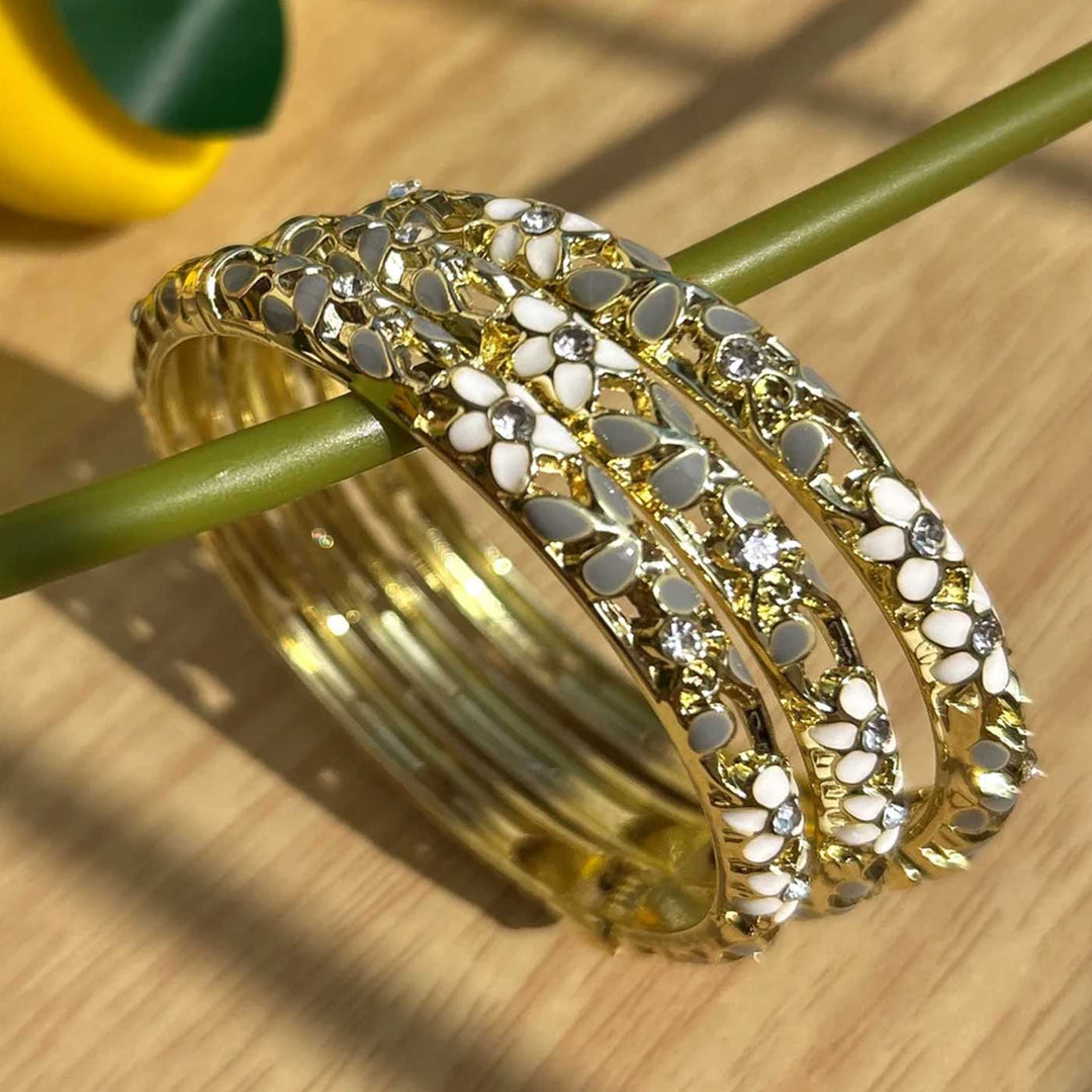 Handcrafted Floral Enamel Crystal Studded 18K Gold Plated Stainless Steel Openable Bangle - Grey