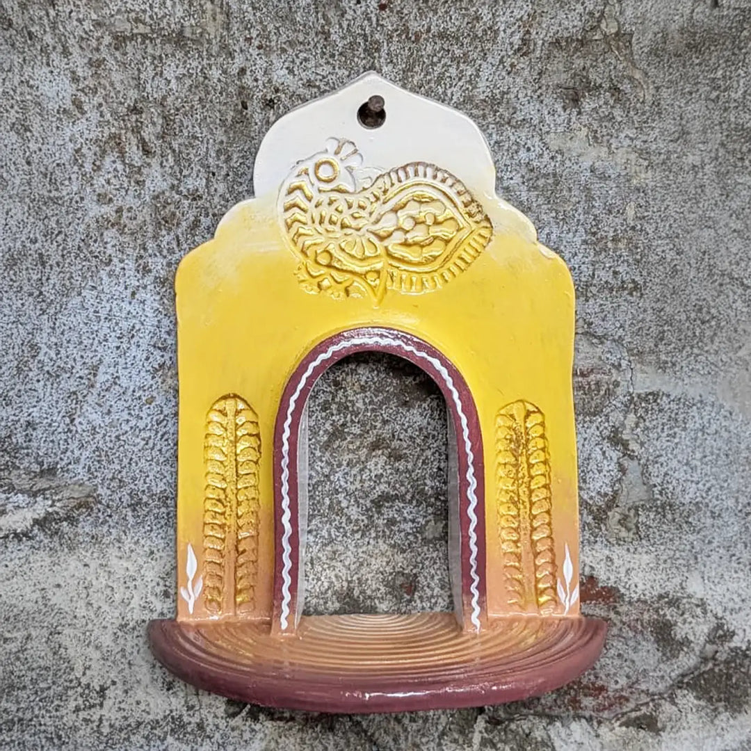 Hand-Painted Yellow & White Peacock Motif Terracotta Tealight Holder