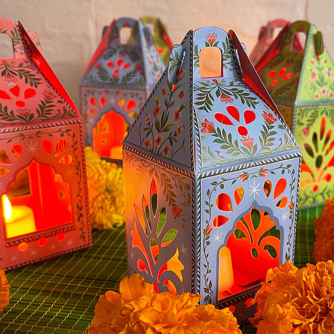 Handmade DIY Lantern Design Paper Tealight Holder With Electic Tealights | Set Of 6