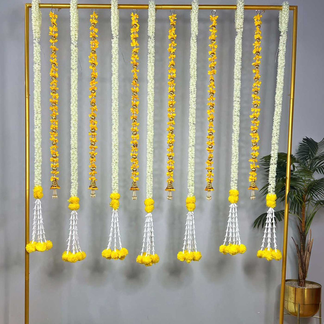 Yellow Tassel & Jasmine-Marigold Garland Backdrop Decor Kit With Stand