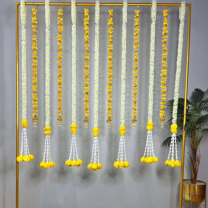 Yellow Tassel & Jasmine-Marigold Garland Backdrop Decor Kit With Stand