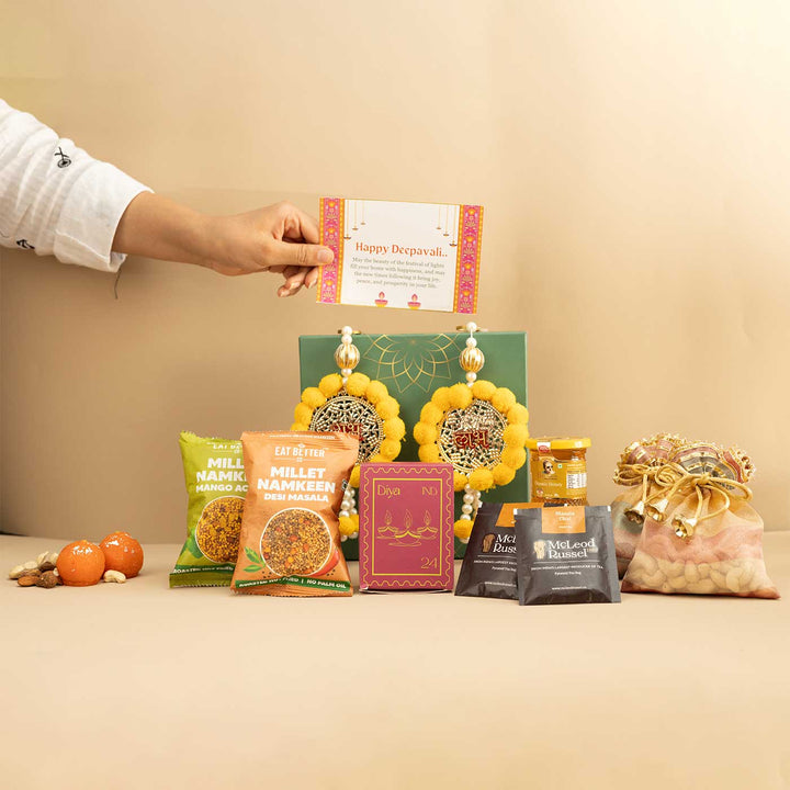 Handmade Ruhani Gift Hamper | Includes 2 Glass, Dry Fruit, Coaster, 1 Shubh Labh, 2 Diya, 1 Card And 1 Box