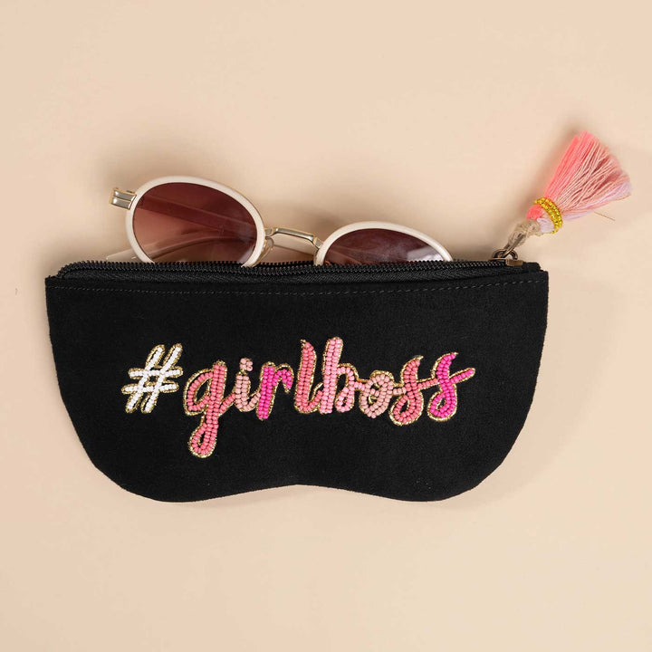 Handmade Embroidered Girlboss Design Suede Sunglass Cover