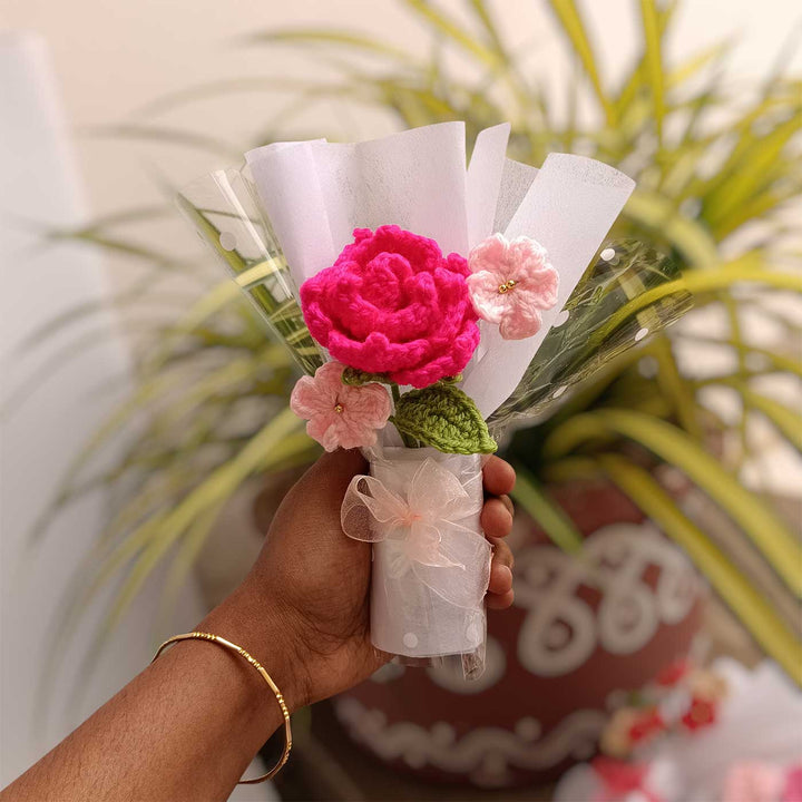 Handmade Crochet Pink Rose Mini Flower Bouquet | Includes Photo & Greeting Card