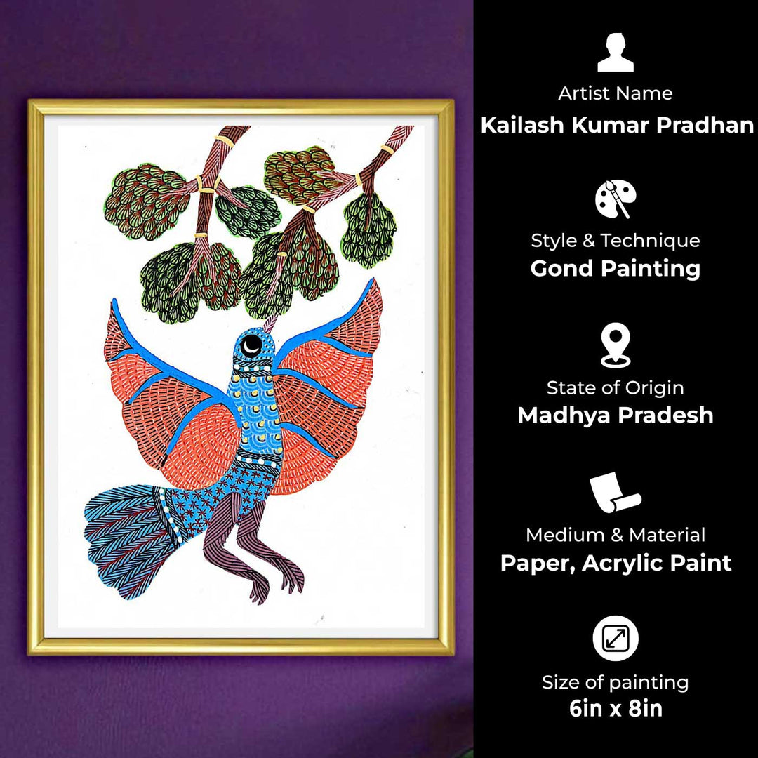 6 x 8 Inch | Bird Reaching Tree | Original Hand painted Tribal Gond Art Painting | Acrylic Paints On Paper