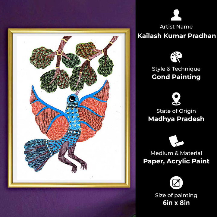 6 x 8 Inch | Bird Reaching Tree | Original Hand painted Tribal Gond Art Painting | Acrylic Paints On Paper