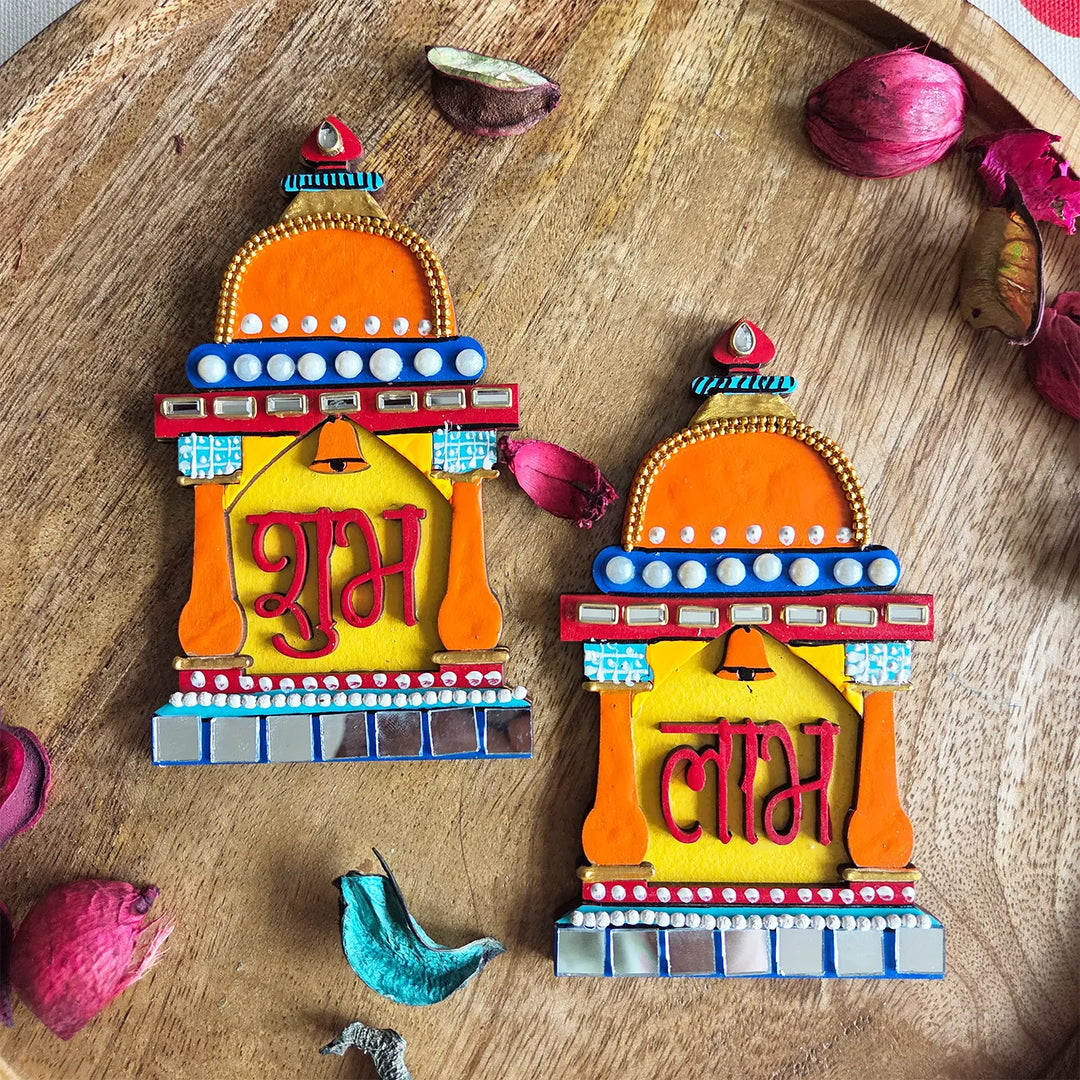 Hand-Painted Beaded Temple Theme MDF Wood Shubh Labh Hangings | Set Of 2