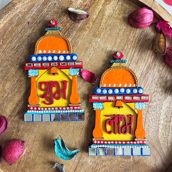 Hand-Painted Beaded Temple Theme MDF Wood Shubh Labh Hangings | Set Of 2