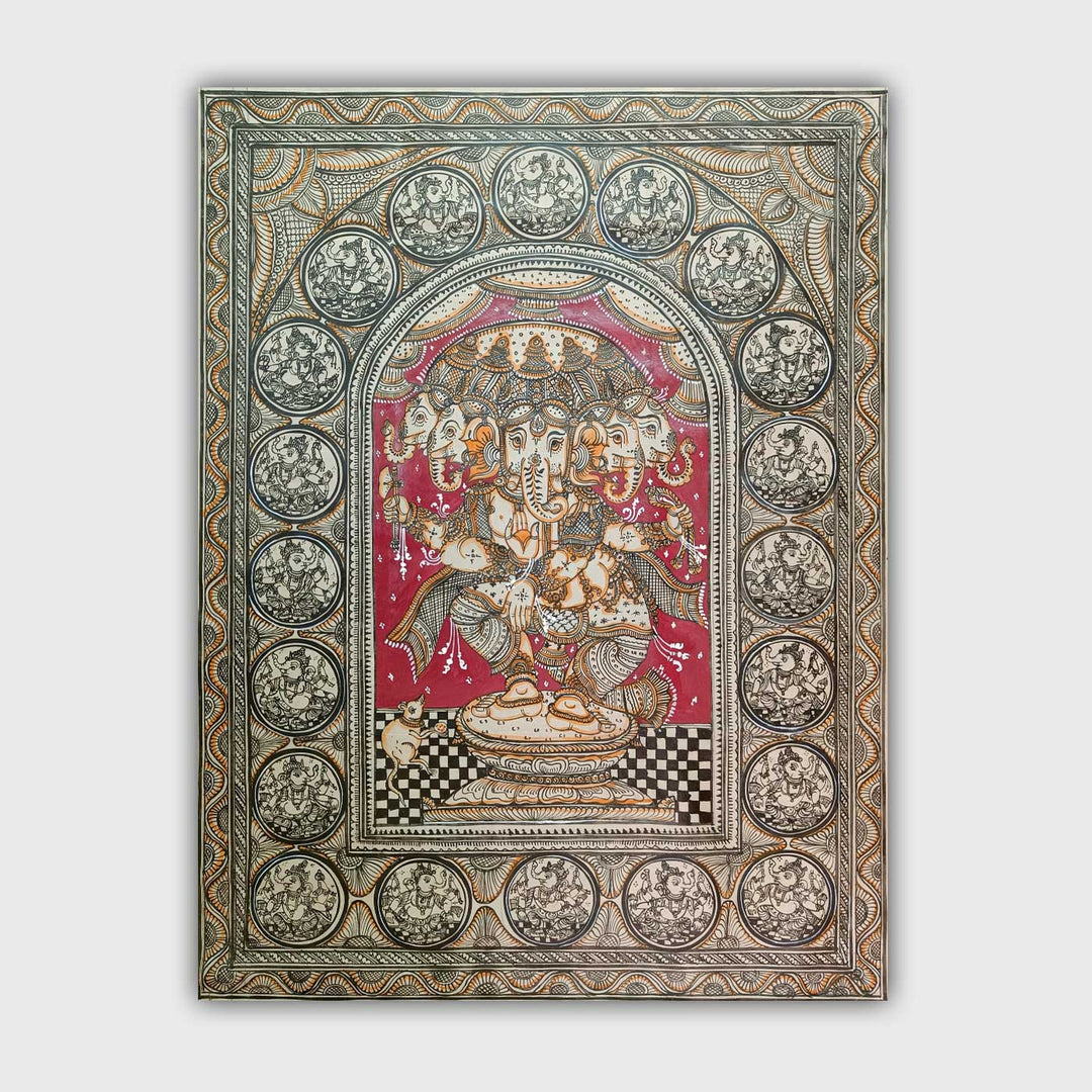20 X 30 Inch | Handmade Silk Dancing Panchamukhi Ganesha Painting