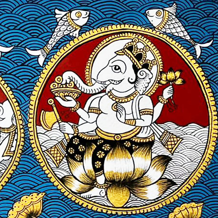 6.5 X 14 Inch | Saraswati Lakshmi Ganesh Paper Phad Painting