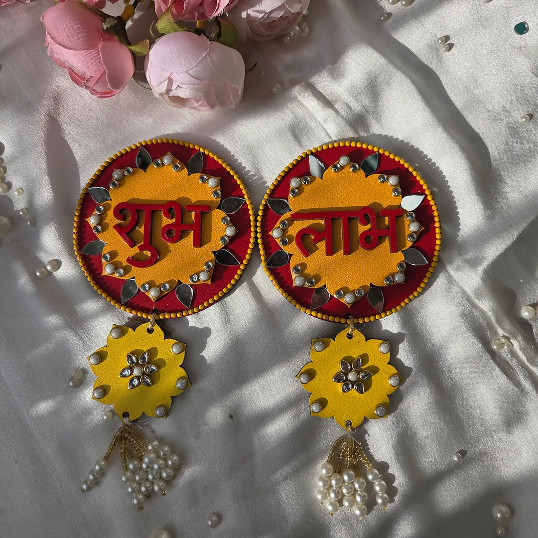 Hand-Painted Mirror Work & Moti Floral MDF Wood Shubh Labh Hangings | Set Of 2