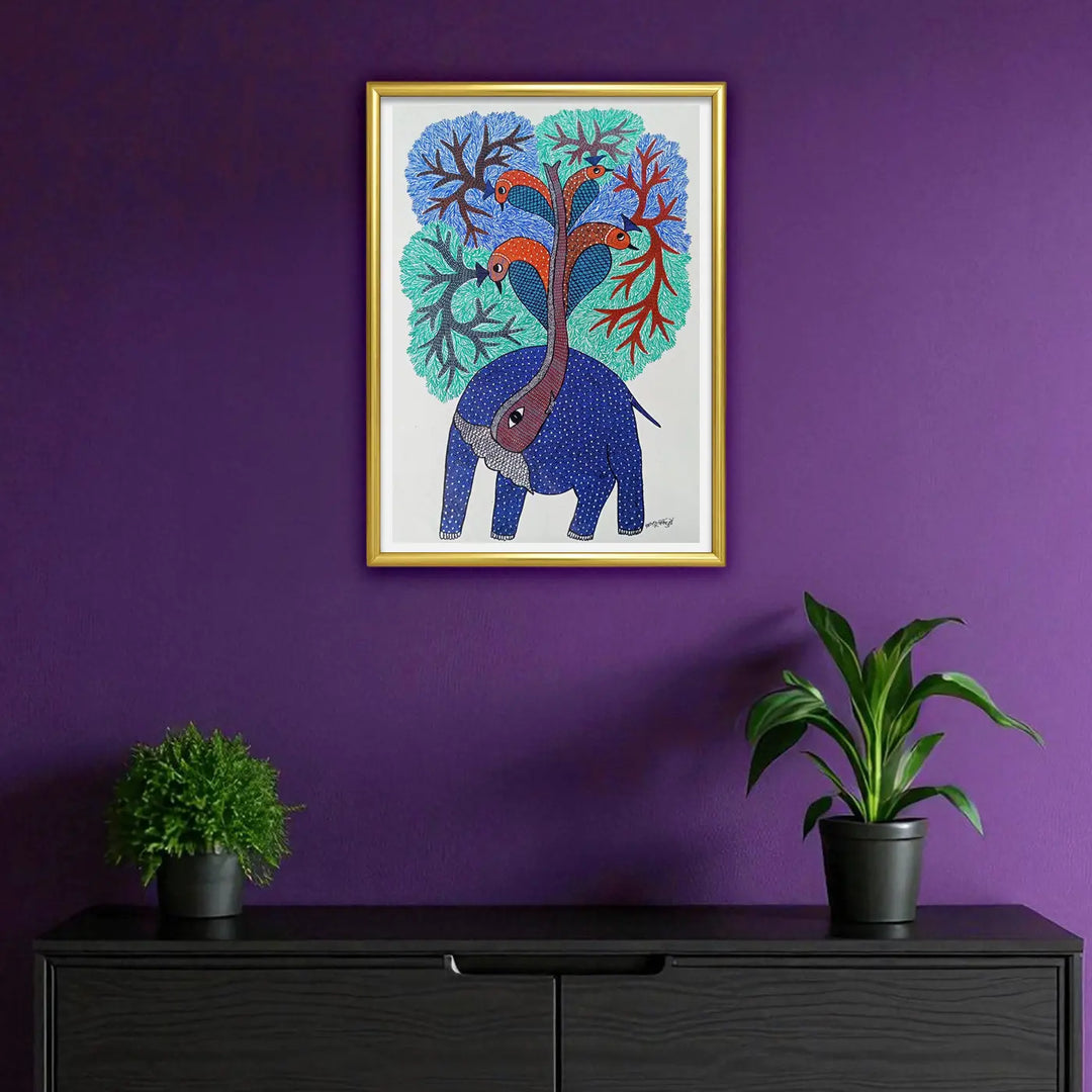 16 x 23 Inch | Elephant & Peacock | Original Hand Painted Tribal Gond Art Painting | Acrylic Paint On Paper