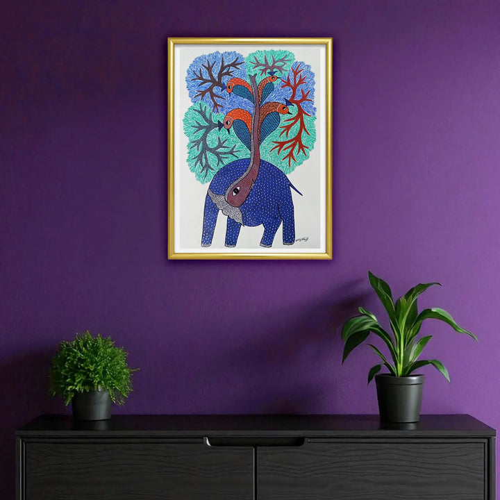 16 x 23 Inch | Elephant & Peacock | Original Hand Painted Tribal Gond Art Painting | Acrylic Paint On Paper