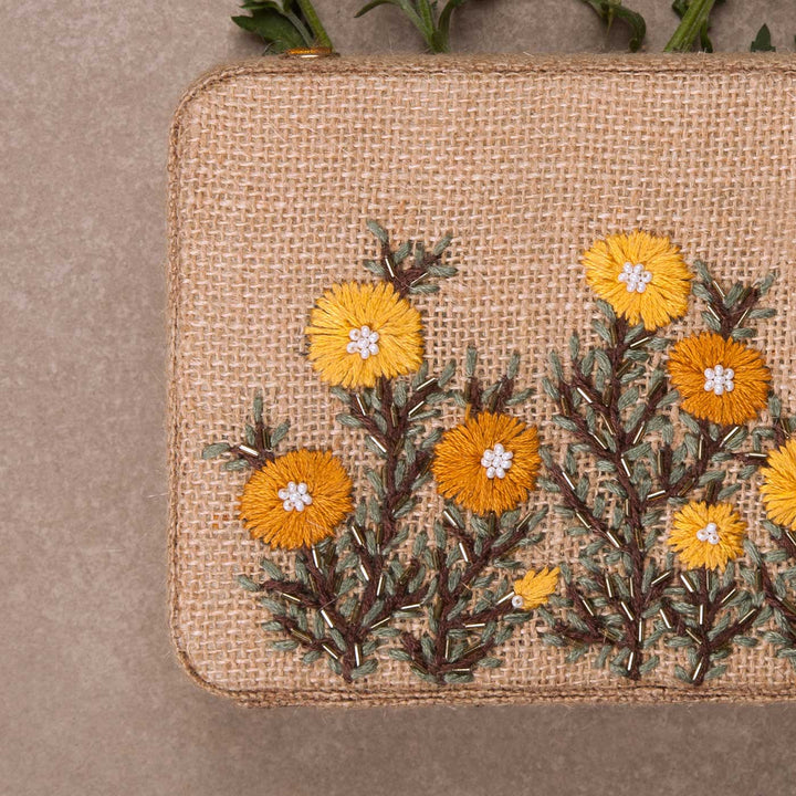 Personalized Embroidered Buttercups Beige Box Clutch