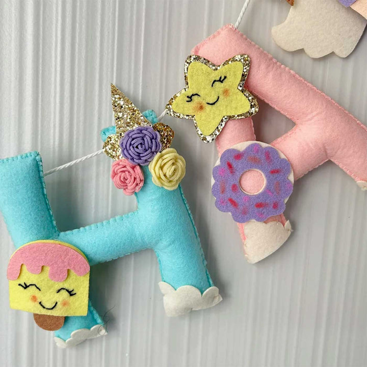 Personalized Unicorn Fairy Felt Bunting Garland For Kids - Hanging Letters Close-up