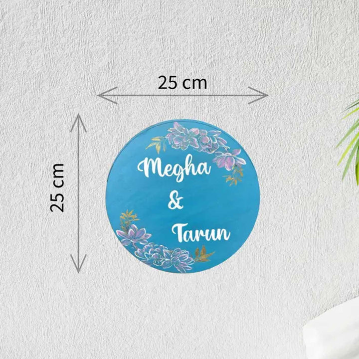 Floral Theme Blue Personalized Round Wooden Name Plate For Home