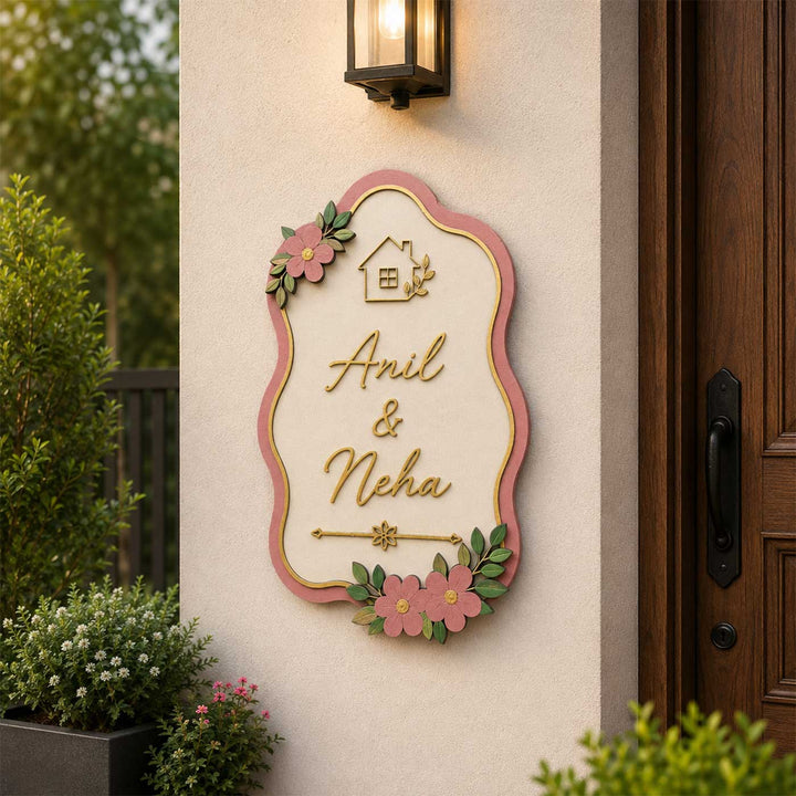 "Pastel Flower" Handcrafted Personalized Wooden Name Plate For Home
