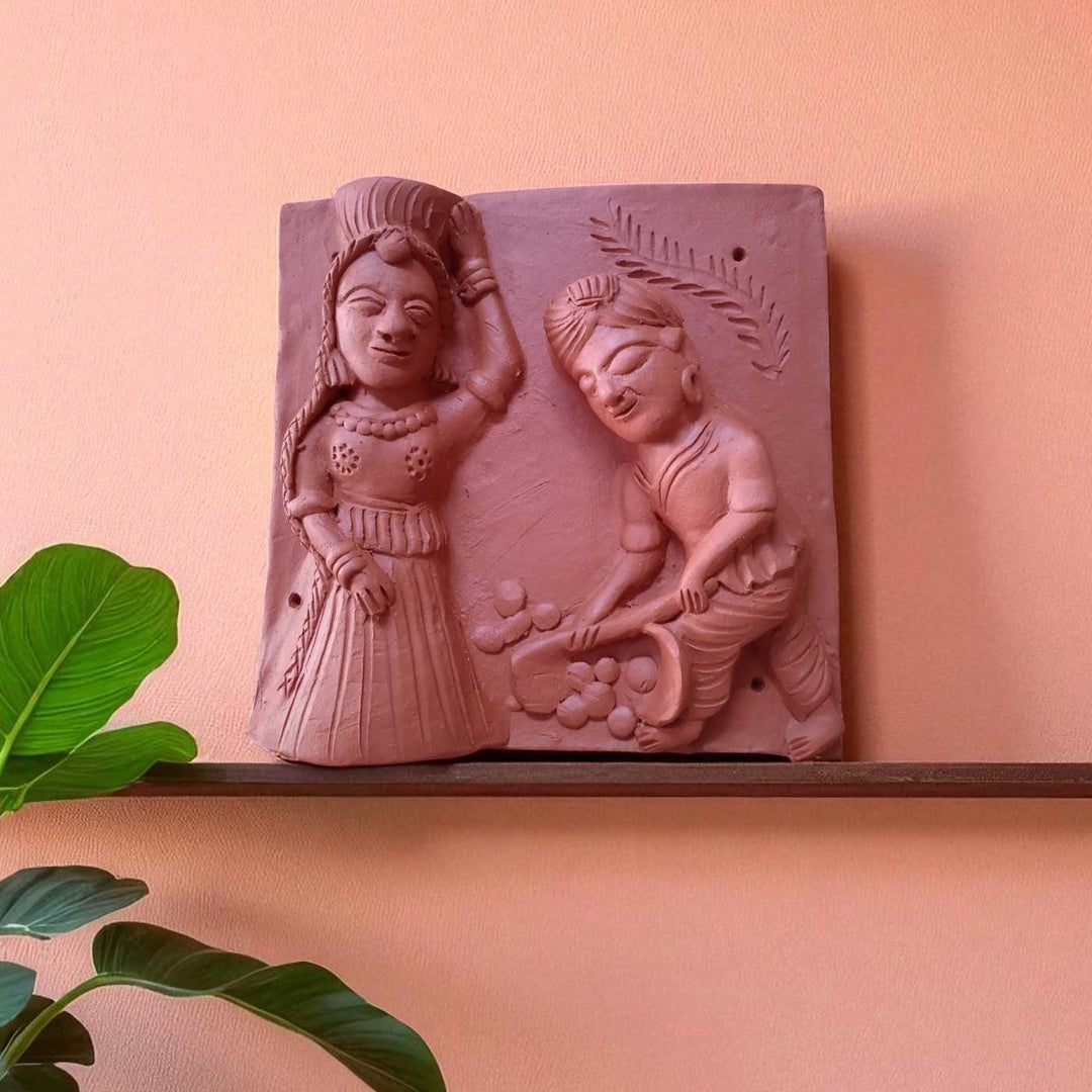 9 x 9 Inch | A Couple In Farm | 3D Handmade Terracotta Molela Mural Wall Art Tile