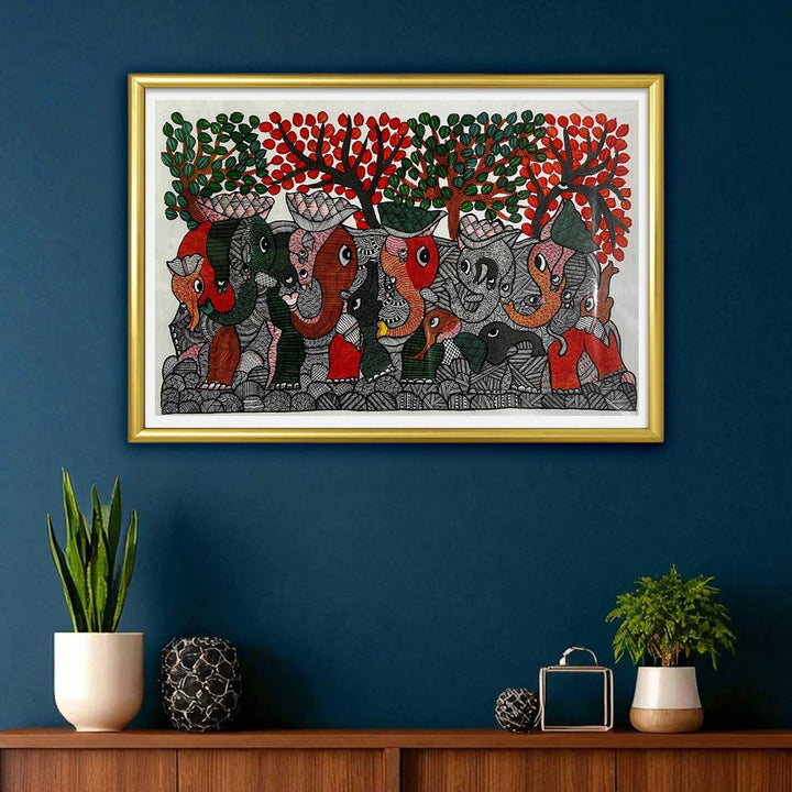 15 x 22 Inch | Animal's Harmony | Original Hand Painted Tribal Gond Art Painting | Acrylic Paints On Paper