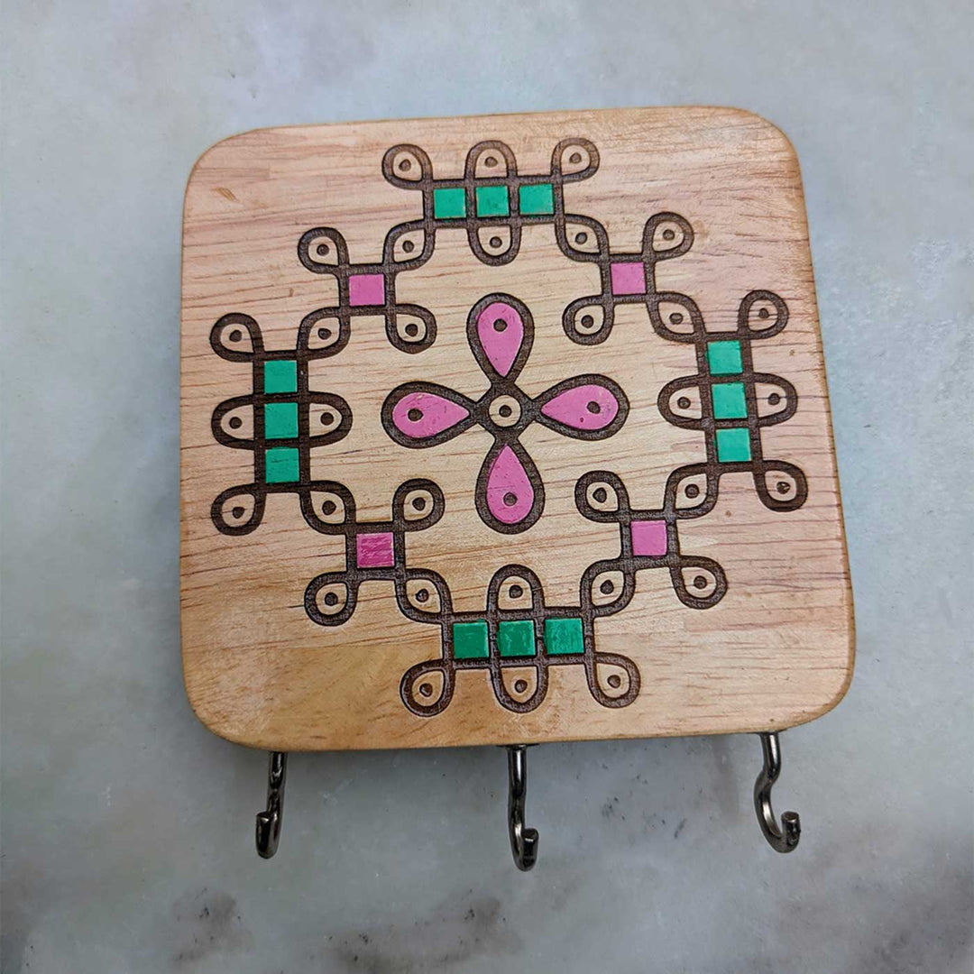 Hand-Painted Flower Medallion Kolam Rubber Wood Wall Key Holder