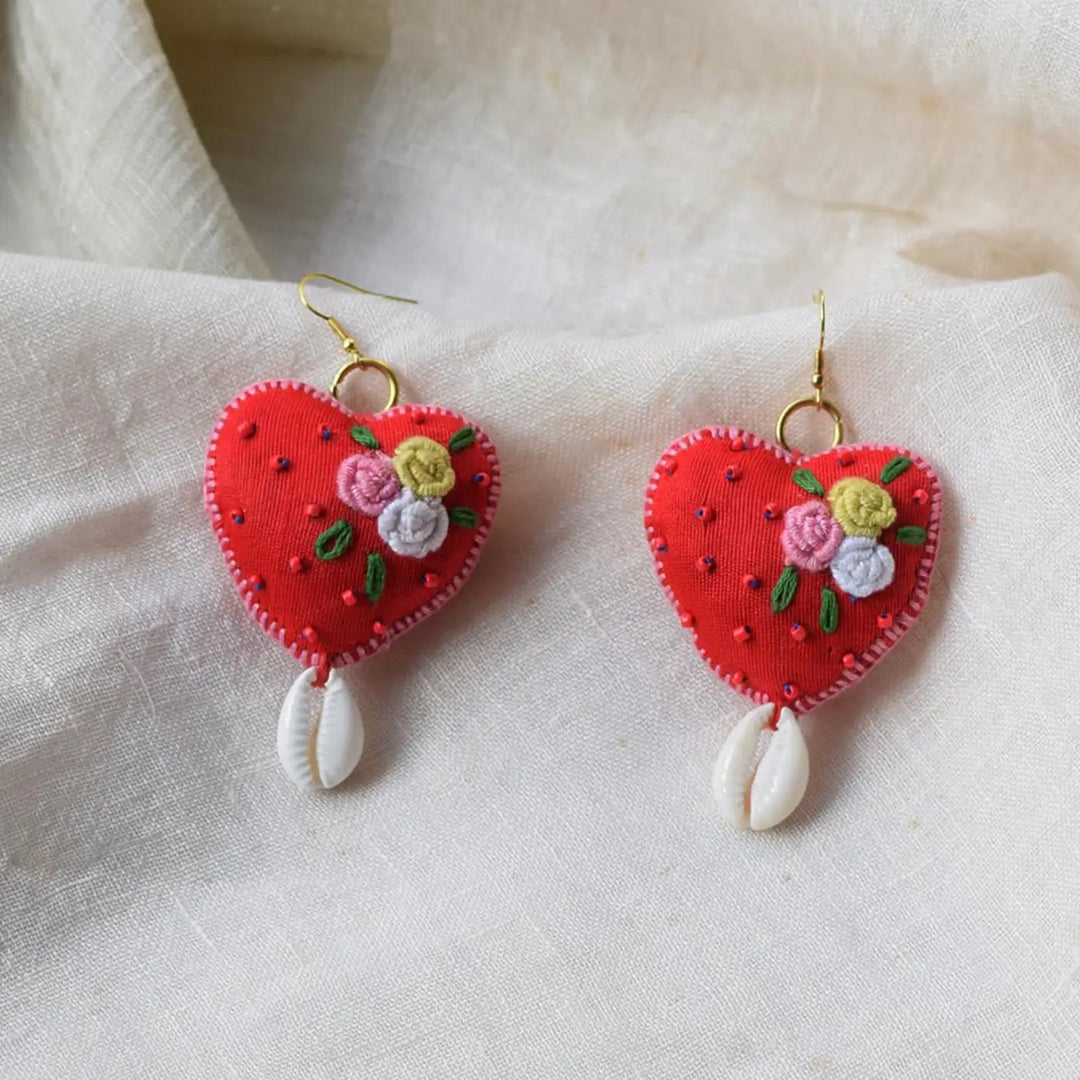 Handmade Textile Art Heart Shaped Dupion Silk Fabric Earrings