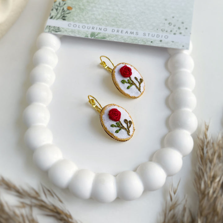 Hand Embroidered Rosette Blooms Golden Tone Earrings