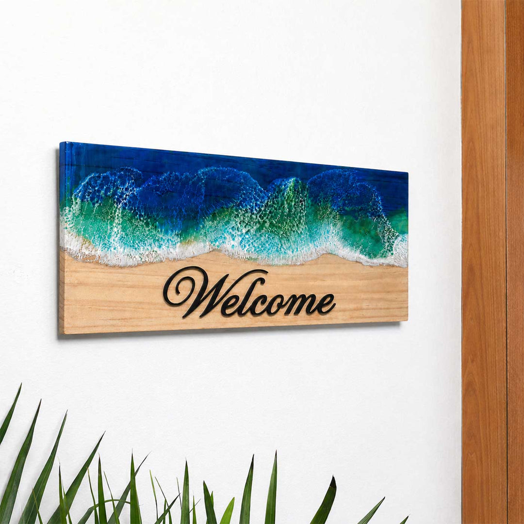Blue Ocean Wave High-Gloss Handcrafted Resin Pinewood Personalized Name Plate For Home