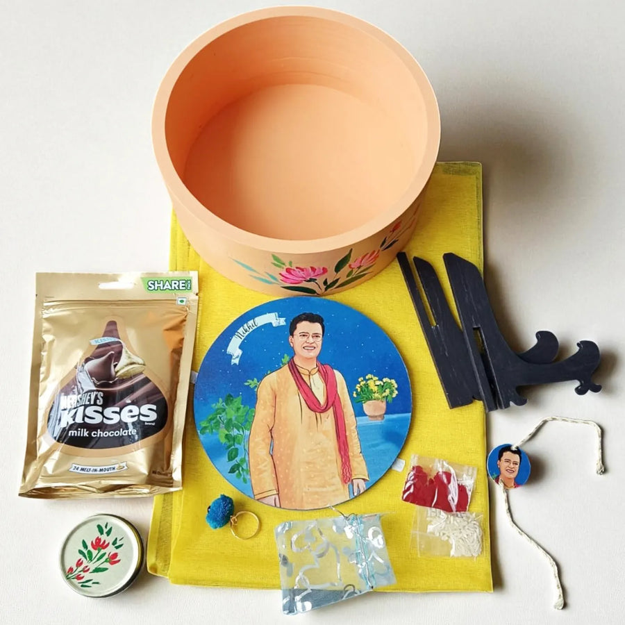 Photo Customized Rakhi Hamper With Caricature Nameplate 4 - Unassembled Components Layout